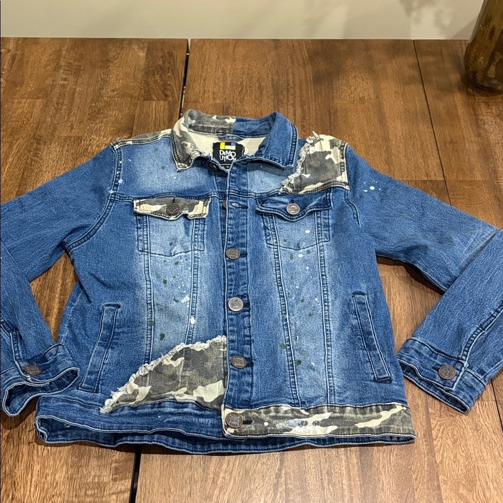 Demolition Blue Denim Jacket, Medium,  Camouflage Accents Paint splatters